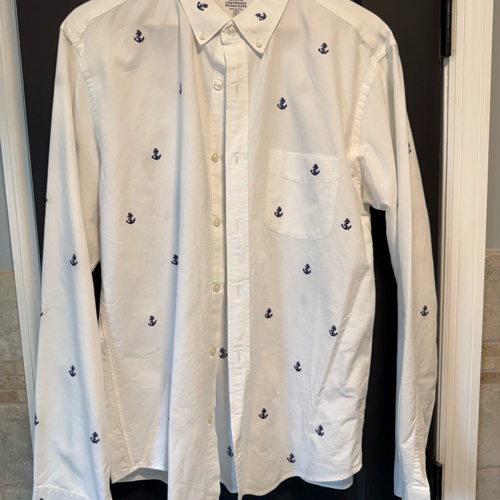 J. Crew White Shirt with Navy Anchor Pattern slim fit size large